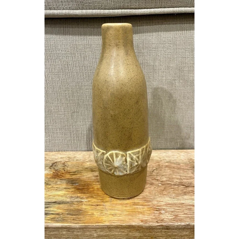 Vintage USA Art Pottery Bottle Vase Speckled Glaze Embossed Wheel Band ~8”